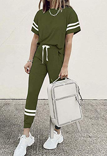 Image of PRETTYGARDEN Women's Two Piece Outfits Striped Short Sleeve Pullover and Long Pants Tracksuit Pajama Lounge Jogger Sets