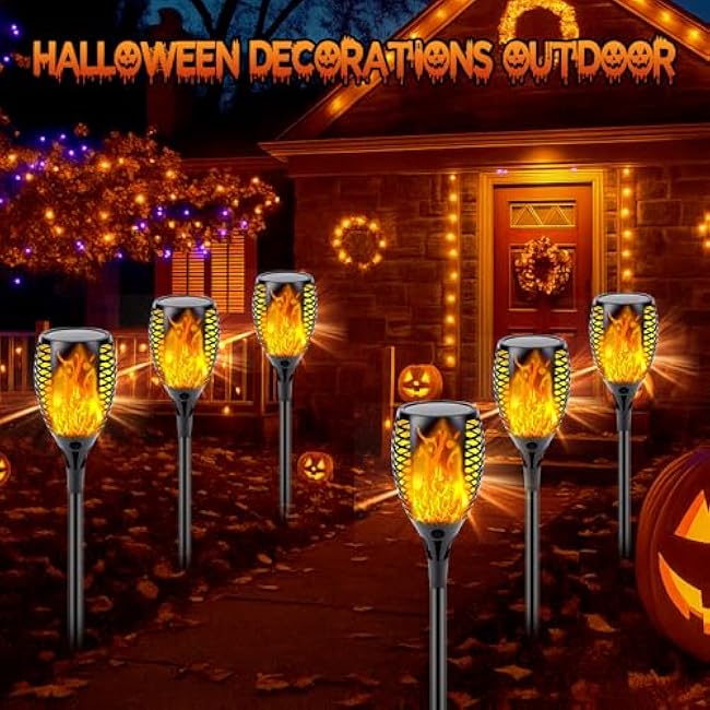 Upgraded Solar Lights Outdoor, 6 Pack Flickering Flame Solar Torch Lights with Super Larger Size for Halloween Decor, Solar Halloween Lights Waterproof Solar Powered Outdoor Lights for Garden Pathway