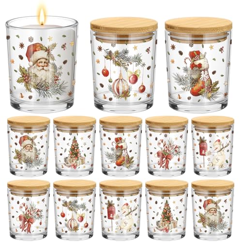 Ziliny 12 Pack 7 oz Christmas Glass Candle Jar with Wood Lids Xmas Retro Thick Empty Jars for Making Candles Small Holiday Container Bulk for Gifts Making DIY Party Supplies Accessories