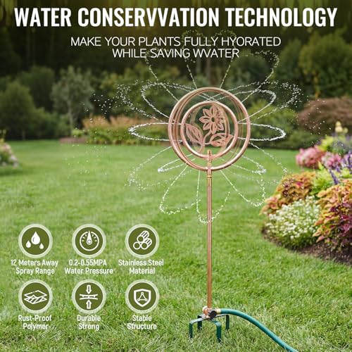LemonRoad 1 Pack 41.4\" H Garden Sprinklers Stainless Steel Ornamental Sprinkler 360 Degrees Motion Activated Decorative Sprinkler for Water Feature, Garden Art, and Lawn Art (Flower Style,Brass)