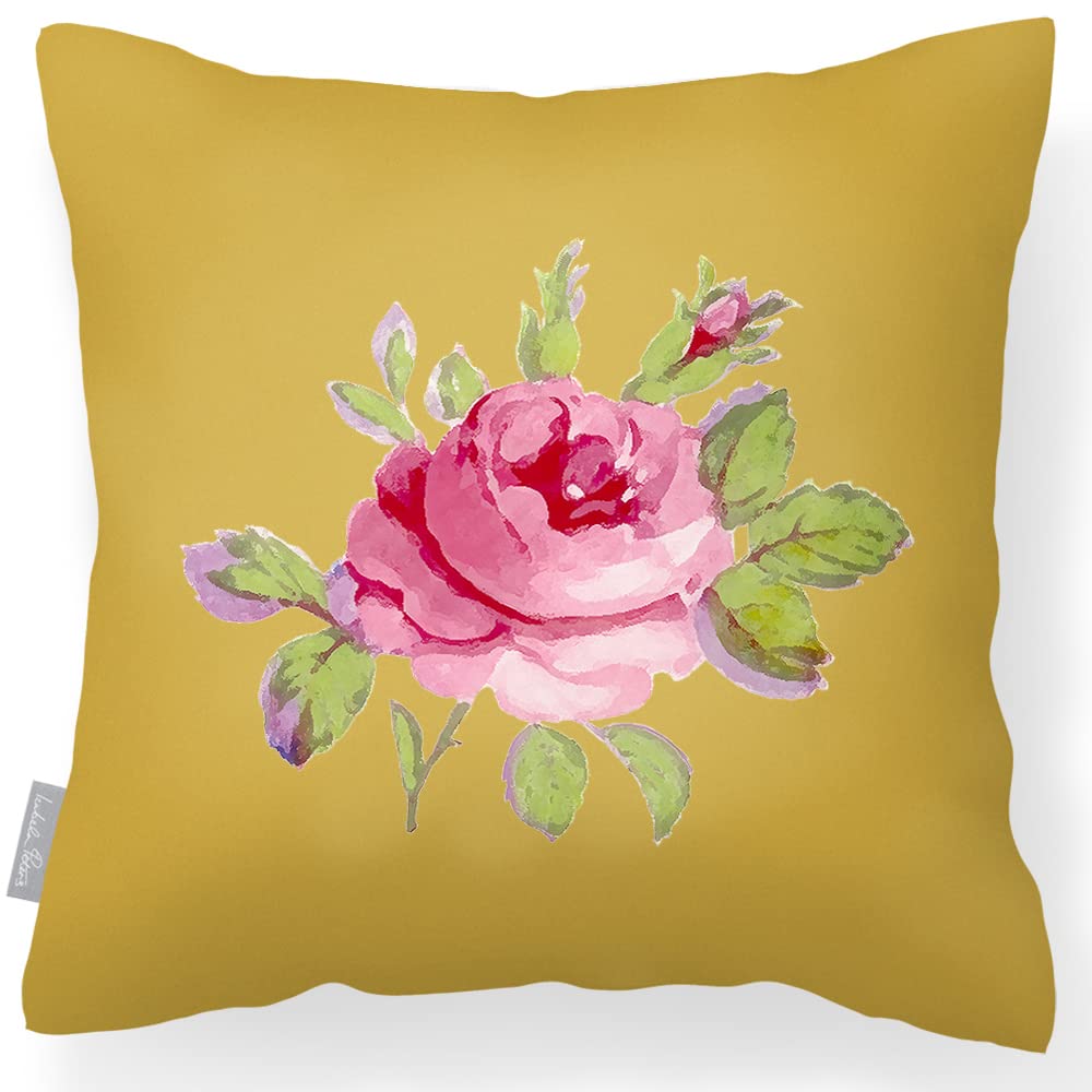 Izabela Peters Vintage Rose - Mustard Outdoor Cushions Waterproof, 43 Cm, Filled Outdoor Cushion, Garden Furniture Cushions, Outdoor Seat Cushions, Garden Chair Cushions