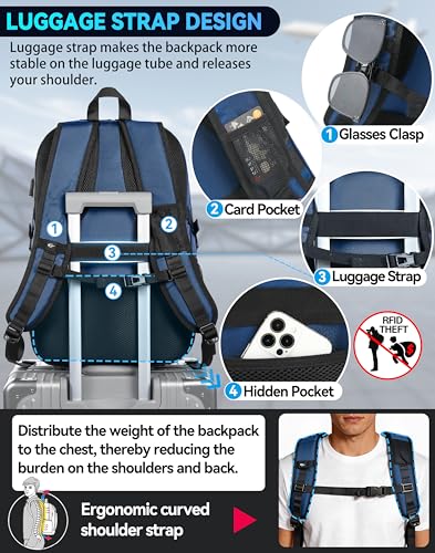 ProEtrade Travel Backpack, Extra Large Laptop Backpack Business Anti Theft TSA Approved College Work Computer Bag Fits 17 Inch Laptop with USB Charging Port for Women Men(Blue) - Image 4