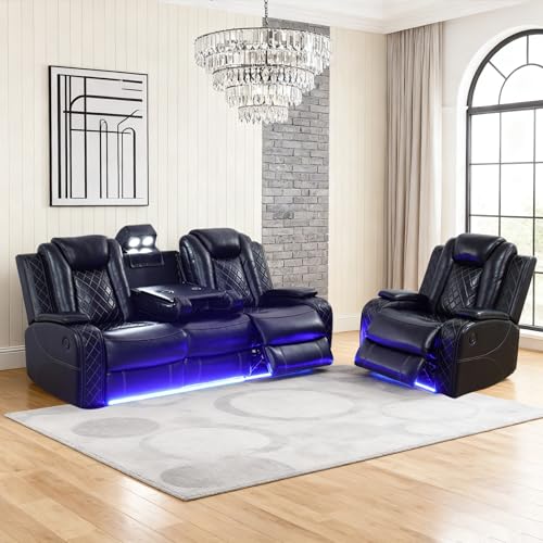 Power Leather Recliner Sofa Set with LED Lights