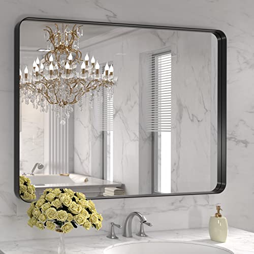 LOAAO 40X32 Inch Black Metal Framed Bathroom Mirror for Wall, Matte Black Bathroom Vanity Mirror Farmhouse, Large Rounded Rectangle Mirror, Anti-Rust, Tempered Glass, Hangs Horizontally or V