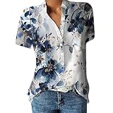 2023 Summer Shirts for Women V Neck Short Sleeve Button Up Tops Floral Print Casual Loose Fit Beach