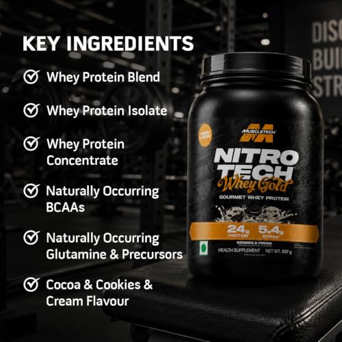 Image of MuscleTech Nitro-Tech Whey Gold Protein Powder | 24 g Protein & 5.4 g BCAAs Per Serving | Supports Lean Muscle & Faster Recovery | Cookie & Cream| 907g