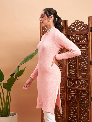 Image of Women's Woolen Winter Kurta | Ethnic Motifs Self Design Long Sleeve Straight Wool Kurti with Round Neck