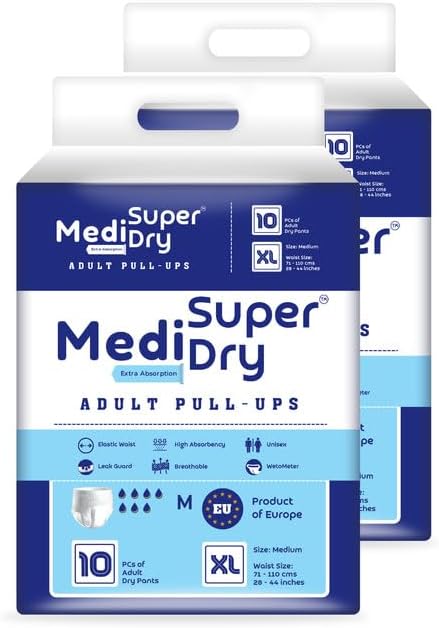 Medisuperdry Adult Diaper Pants | Extra Large (XL) |Waist 147-172 cm (58-68 inches) |High Absorbency -10 Hrs |Leakproof |Breathable |Odourless |Elastic Waist |For Men & Women | 20 Units, Pack of 2