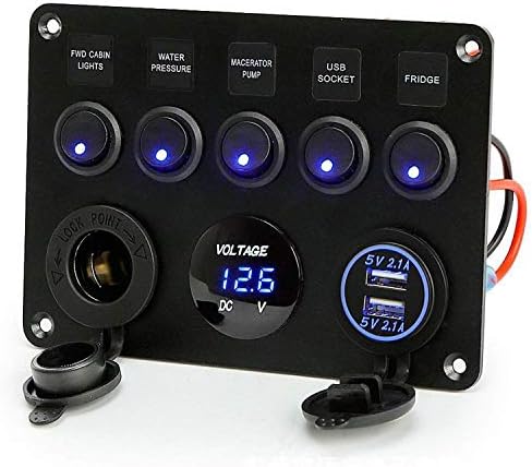 5 Gang ON-Off Marine Ignition Toggle Rocker Switch Panel Waterproof with Digital Voltmeter 4.2A Dual USB Socket for RV Car Boat Vehicles Truck Trailer Yacht (Blue)