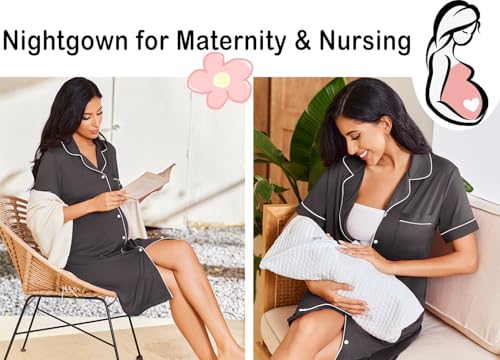 Image of Ekouaer Nightgowns for Women Button Down Sleepshirt Short Sleeve Nightshirt Boyfriend Pajamas V Neck Nightdress S-XXXL