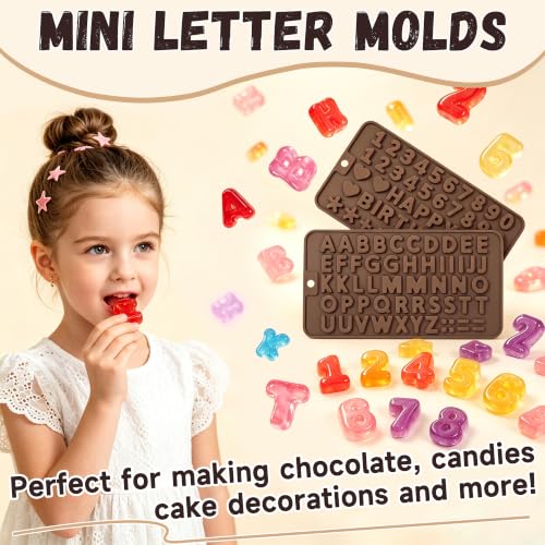 Image of 2PCS Silicone Molds for Chocolate,Number Letter Molds,Reusable Candy Molds with Happy Birthday Decorating Symbols,Mini Size Alphabet Decorating for Birthday Cake Lollipop Fondant Chocolate