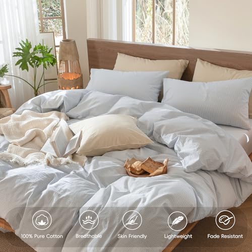Image of MooMee Striped Duvet Cover Set 100% Washed Cotton Linen Like | Relaxed Linen-like Texture. Soft, Breathable & Long-lasting Comfort. Lightweight. Hidden Zipper with 8 Interior Corner Ties