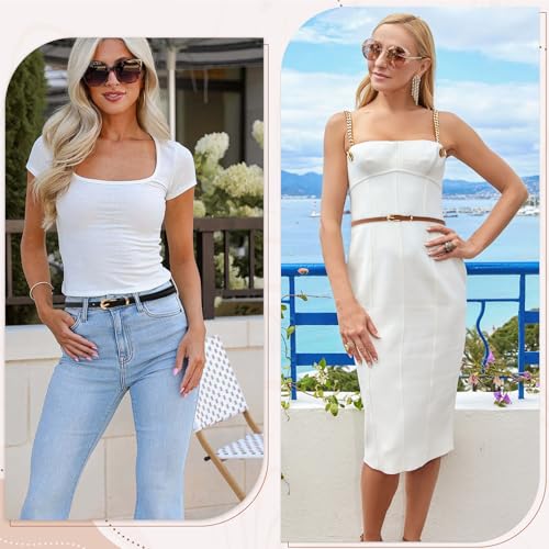 Image of Thin Belt for Women - Adjustable Skinny Leather Waist Belt for Formal Pants, Jeans, and Dresses with Fashion Buckle - Black & Camel, 2 Pack