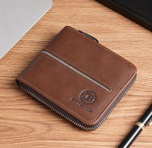 Vintage PU Leather Wallet for Men, Business Style Zippered Credit Card Case with Embossed Lettering, Classic Gift, Birthday Present (Dark Brown)3