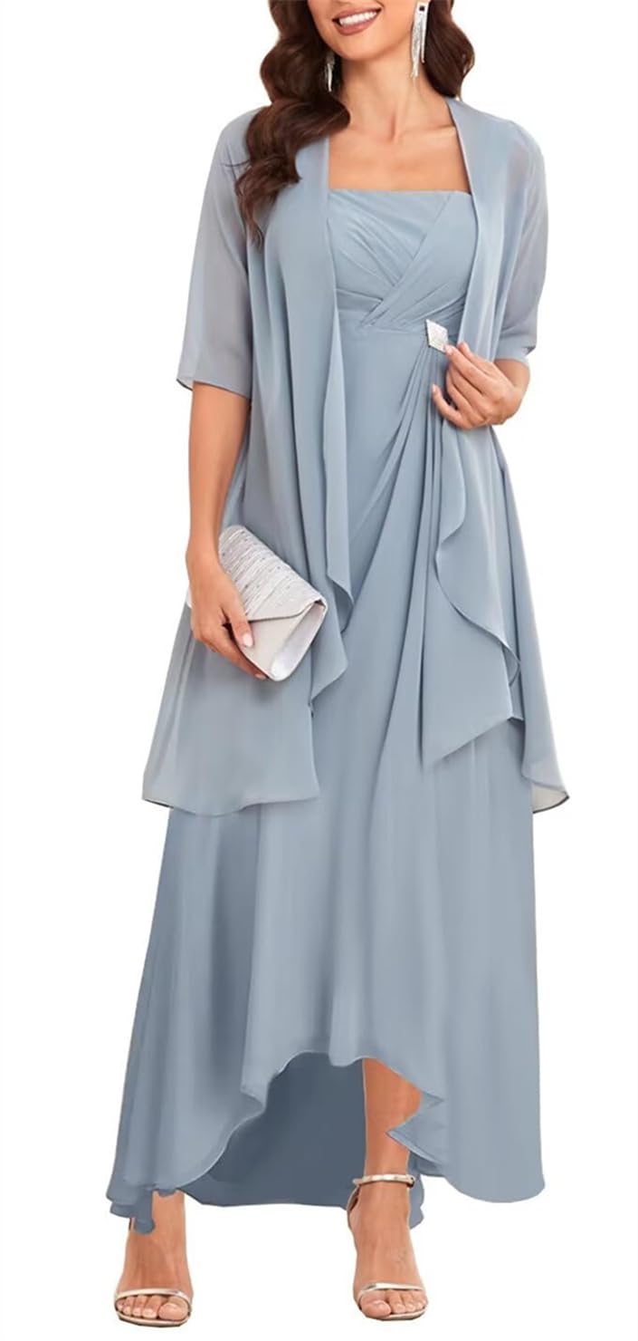 Yiann Women's Dusty Blue 2 Pieces Mother Of The Groom Dresses For Wedding Tea Length Mother Of Bride Dress Formal Gown Uk22