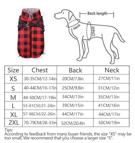 Ctomche Plaid Dog Coat - Warm Fleece Jacket for Cold Weather Waterproof with Reflective Harness for Small to Large Dogs - Red-Large - Image 4