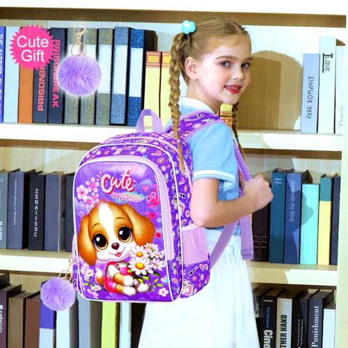 3PCS Girls Dog Backpack, Water Resistant Kids Bookbag Set with Lunch Box, Cute School Bag for Preschool Toddler2