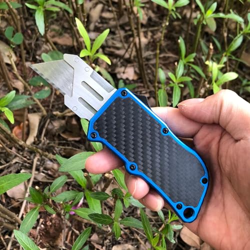Image of Caressolove Automatic Utility Knife, Green Razor Blades Pocket Knife, Box Cutters Retractable Heavy Duty, Premium Safety Push Button Knife with 5PCS Blades (Blue)