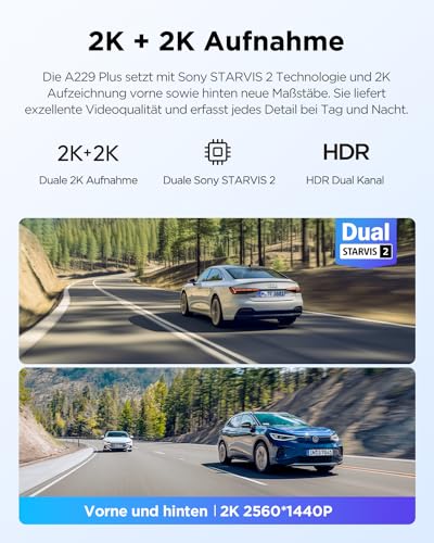 VIOFO A229 Plus 2K + 2K Dual STARVIS 2, HDR Vorne hinten Dashcam Auto, Sprachsteurung & 5GHz Wi-Fi...