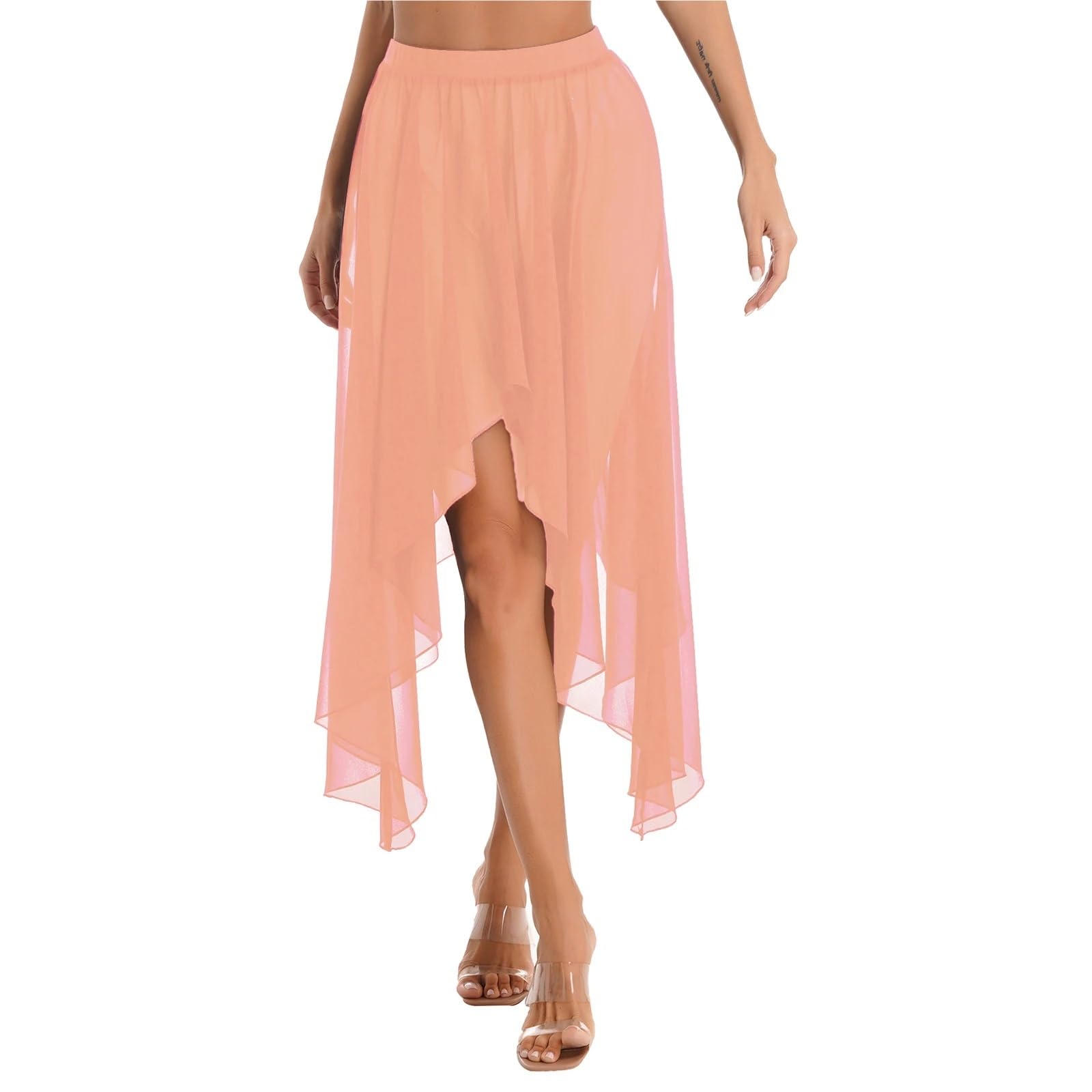 TRRYUIP Belly Dance Skirt Women Chiffon Belly Ballroom Dance Dancewear Elegant Mid-Long Latin Asymmetrical Hem Skirts(Coral Pink A)