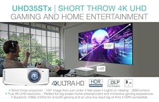 Optoma UHD35STx Short Throw True 4K UHD Gaming and Home Entertainment Projector | 3,600 Lumens for Lights-On Viewing | 240Hz Refresh Rate and Ultra-Low 4ms Response Time