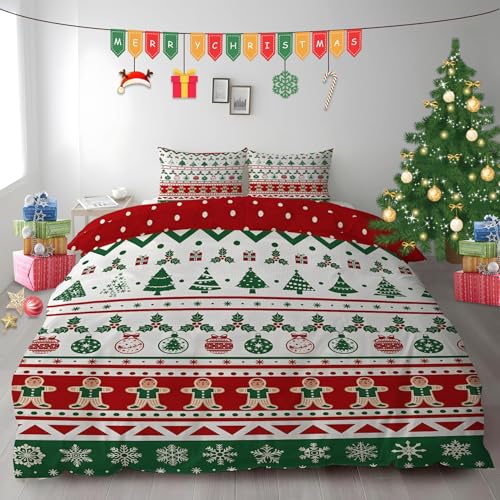 布団カバー ダブル クリスマスオーナメントボール|マイクロファイバー 掛け布団カバー 190x210 +枕カバー 2枚 3点セット|吸汗速乾・防静電気・洗濯耐久|肌ざわり最高 雪の結晶とジンジャーブレッドマン なプリントデザイン PH496