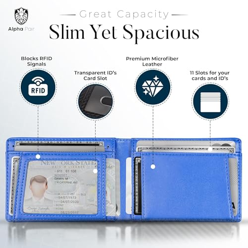 Image of ALPHA PAIR Slim Wallet with AirTag Holder Minimalist AirTag Wallet -Bifold AirTag Wallet Men with 10 Credit Card Slots, 1 Transparent ID Window - Mens Wallet with AirTag for Apple - Blue