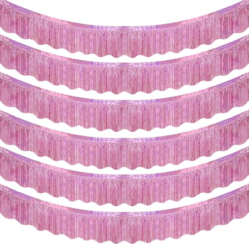 Image of LOLStar Pink Foil Fringe Tinsel Garland, Tinsel Streamers Banner, 6 Pack | 60Ft Metallic Tinsel Streamers Banner, Glitter Photo Booth Props for Wedding, Parade Float, Gender Reveal Party Decor