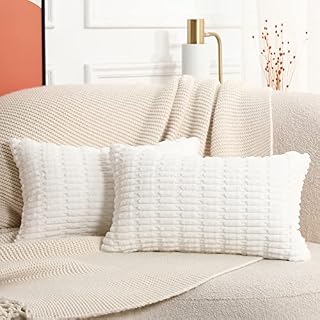 Mandioo Set of 2 Beige Striped Corduroy Boho Cushion Covers 50x50 cm 20x20 Inch Super Soft Decorative Throw Pillow Cases Square Plush Pillowcases for Couch Sofa Bed Farmhouse