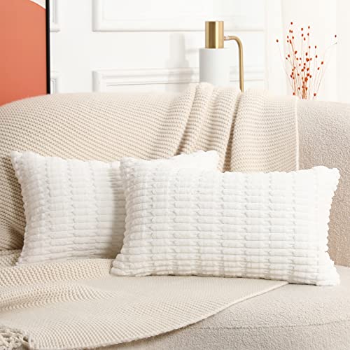 Mandioo Set Of 2 White Plush Boho Decorative Throw Pillow Covers 12X20 Inch,Super Soft Striped Corduroy Lumbar Pillow Covers Cushion Cases Pillowcases For Couch Sofa Bed Farmhouse #TOP8