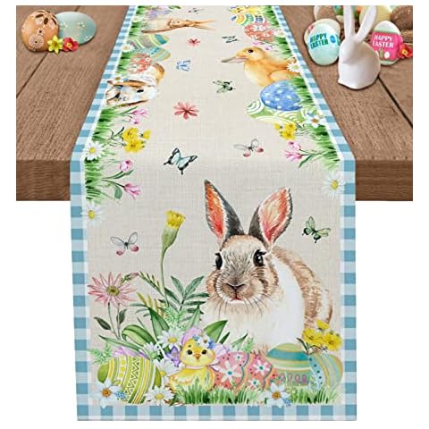 Easter Rabbit Table Runners 36 inches Long, Easter Eggs Spring Butterfly Flower Blue Plaid Table Runner Farmhouse Dresser Scarves,Decortaive Table Runner Cover for Dining Coffee Table Holiday Party Cover
