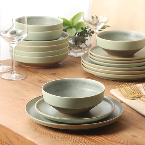 Image of Gibson Elite Octavia Place 16 Piece Stoneware Dinnerware Set, Service for 4, Coupe Modern Plates & Bowls, Reactive Glaze Finish, Green, Microwave & Dishwasher Safe