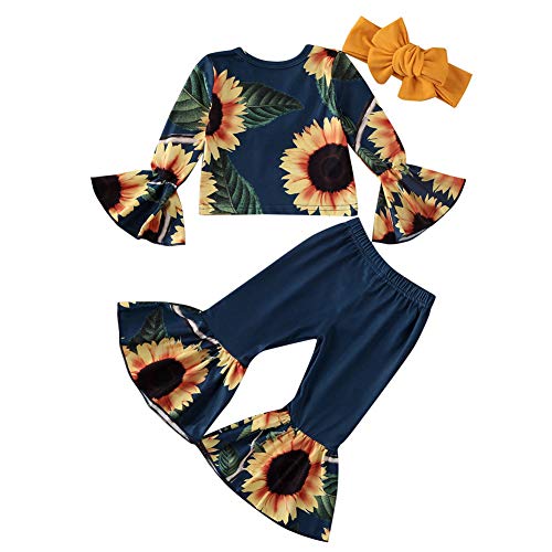 Toddler Newborn Baby Girl Flared Long Sleeve T-Shirt Sunflower Tops Bell Bottoms Pants with Headband 3Pcs Outfit Set (Blue,4-5T)