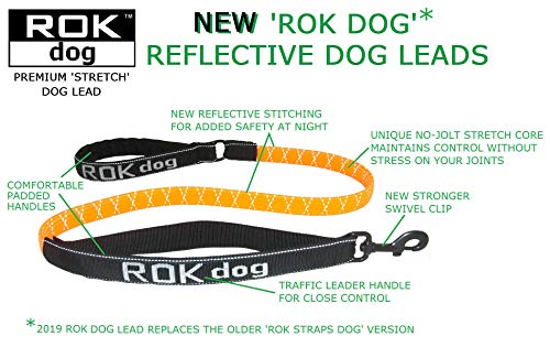 ROK DOG PREMIUM REFLECTIVE NO JOLT SAFETY STRETCH LEAD (SAFETY ORANGE HI VIZ REFLECTIVE WITH BLACK) - Image 2