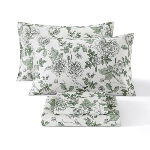 Image of Vintage Green Floral Percale Sheets King Size, Deep Pocket, 4Pcs