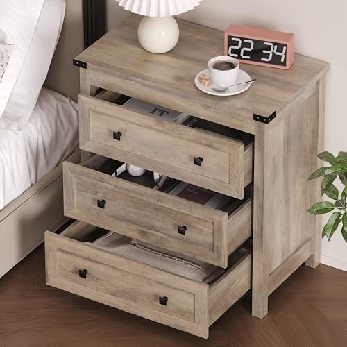 Image of BORNOON 3-Drawer Dresser, Small Wooden Chest of Drawers with Metal Knobs, Water-Resistant Top, Storage Organizer with Anti-Tip Kit for Bedroom, Nursery, Living Room