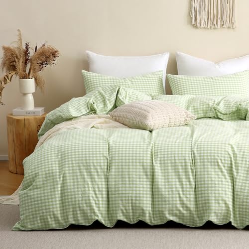 TOCOMOA Plie Green Gingham Duvet Cover Bedding Set 100% Washed Cotton Like Linen Feel Super Soft Comfy 3 Piece Vintage Plaid Checkered Comforter Cover Set (King 104"x90", Comforter Not Included)