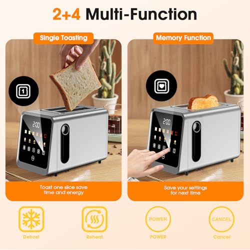 Touch Screen Toaster 2-Slice with 1.5" Wide Slots & Memory Recall | 900W Stainless Steel Smart Digital Toasters | 6 Shade Settings for Bagels & Thick Bread