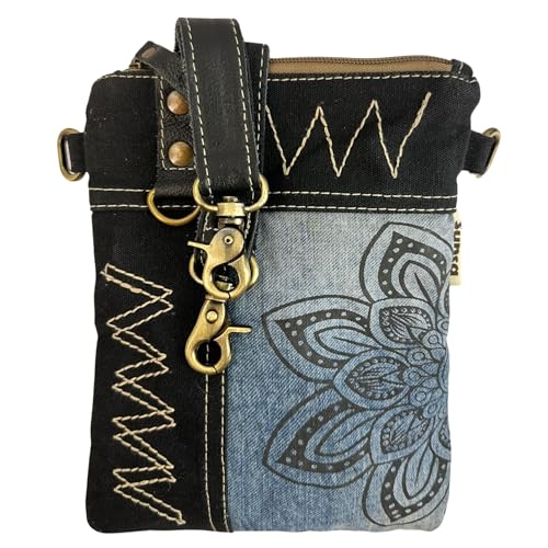 Sunsa Damen kleine Umhängetasche. Nachhaltige Tasche aus recycelte Jeans & Leder. Crossover bag in Vintage Retro Stil. Schultertasche für Frauen oder Mädchen (Blau schwarz/Mandala)