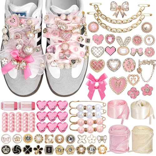 Lugailly Shoe Charms for Sneakers Junk Socks Charms Kit 100 PCS Pink Sneaker Charm for Women Teen Girls with Satin & Lace Shoelaces Cute Shoelace Charm for Shoe Jewelry Decoration Accessories
