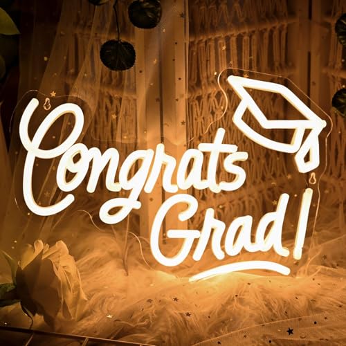 Congrats Grad Neon Sign with Graduation Cap 16*11In Warm White Grad Light Up Led Sign for Class of 2026 Graduation Party Decorations Prom Celebration Gifts Kindergarten High School College Wall Decor