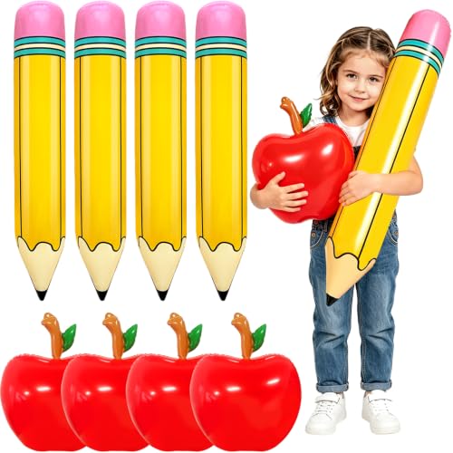 8 Pcs Large Inflatable Apple Pencil Balloons Back to School Pencils and Fruits Balloon Decoration for Classroom First Day of School Ceiling Hanging Decor for Class Welcome Party