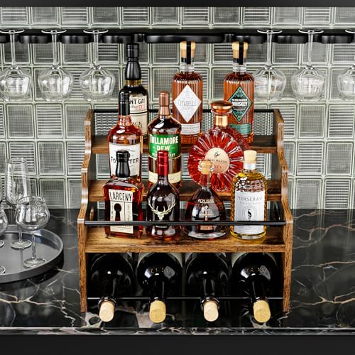 Image of KLM 4-Tier Liquor Bottle Display Shelf,Rustic Brown Bottle Organizer