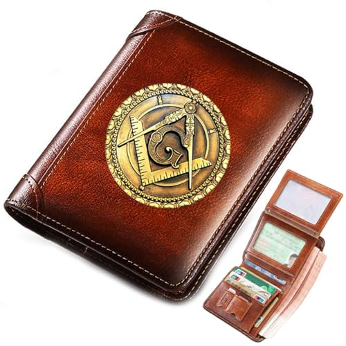 Unique Masonic AG Symbol Men's Trifold Wallets, Slim Freemasons High Capacity Genuine Leather Vintage Short Wallet with Privacy Protection