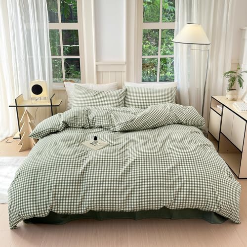 Image of LifeTB Green Gingham Comforter Set Full Size Boho Plaid Checkered Pattern Comforter Geometric Grid Plaid Printed Bedding Comforter Set with 2 Pillowcases Fluffy Soft Gingham Bedding Set Full Size