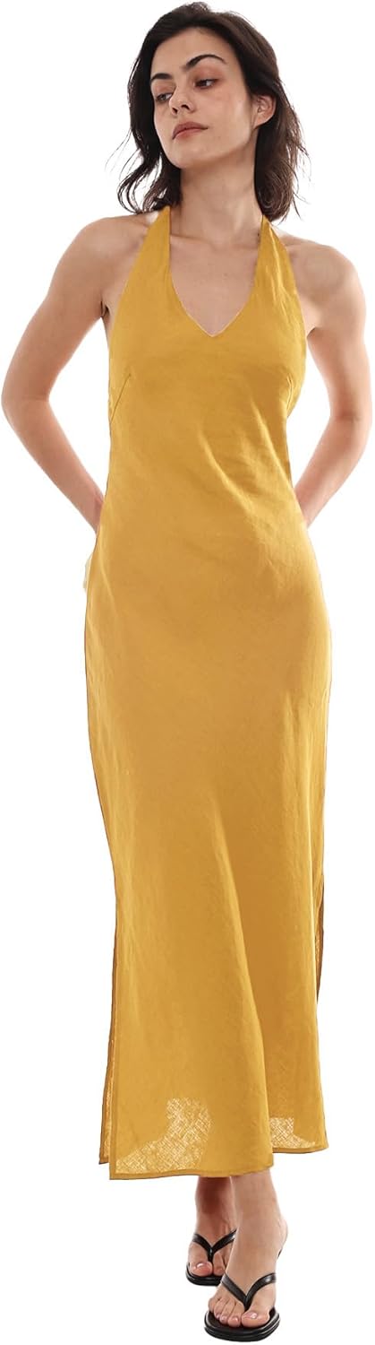 Amazhiyu Women's Linen Summer Splits Bodycon Maxi Dress Halter Backless Dresses