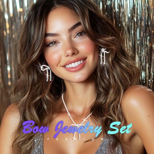 JAKAWIN Rhinestone Bow Necklace and Earrings Set Silver Sparkly Crystal Bowknot Jewelry Set Dressy Prom Wedding Necklaces Chain for Women3