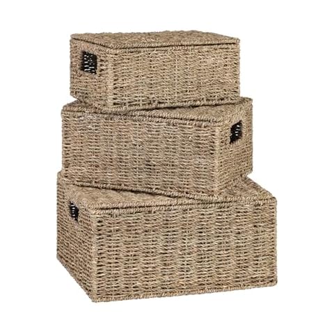 OEHID Wicker Storage Baskets with Lid, Hand-Woven Rectangular Wicker Basket with Lid for Bedroom & Living Room, Nesting Rattan Basket with Lid for Shelves (Seagrass, Set of 3） Cover