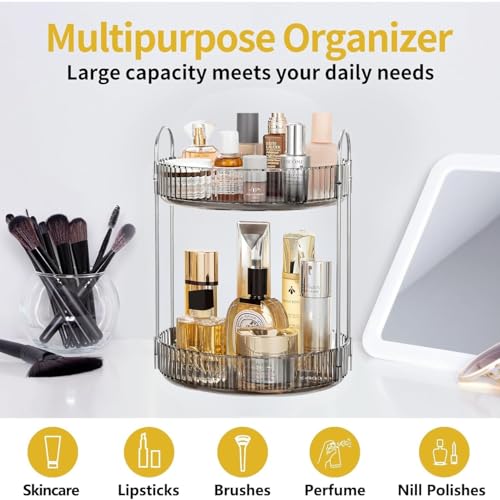 Image of 360 Rotating Makeup Organizer for Dressing Table, Cosmetic & Skincare Organizer Shelf with Drawers, Perfume & Lipstick Holder Stand, Beauty Vanity Organiser Box (Pearl Grey, 2 Layer)