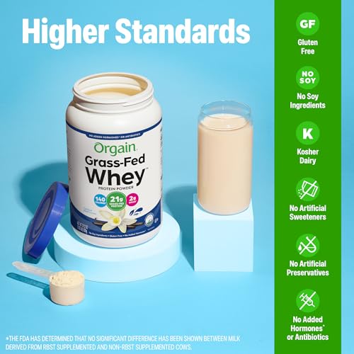 Image of Orgain Whey Protein Powder, Vanilla Bean, 21g Grass Fed Dairy Protein, 5g BCAAs, 3g Prebiotic Fiber, 2g Sugar, No Added Hormones, Gluten Free, Kosher, for Shakes & Smoothies, 1.82 lb